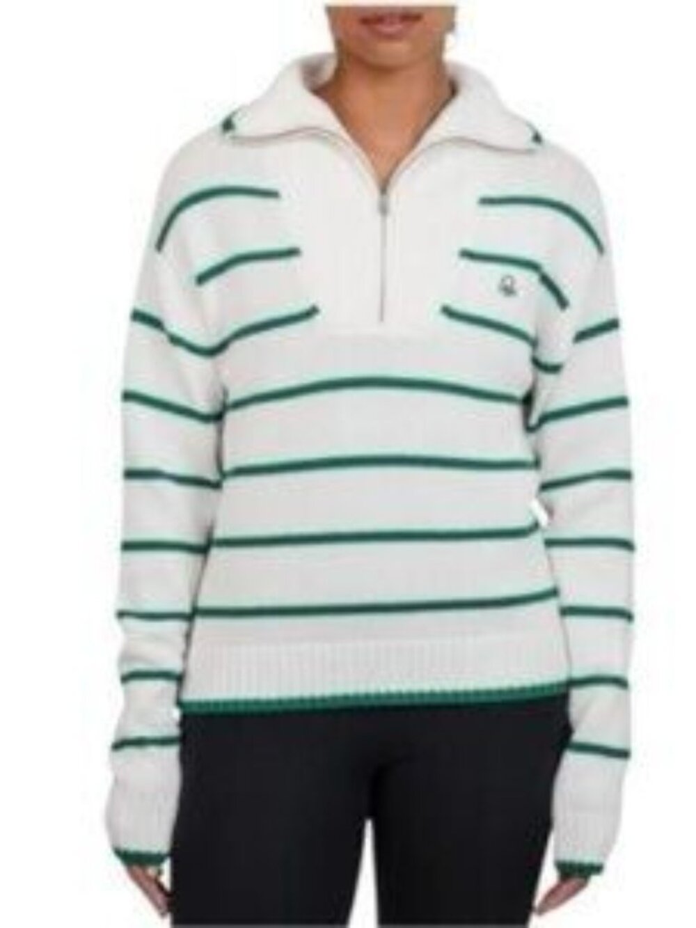 United Colors of Benetton White Green Striped Half Zip Sweater Women’s XL NEW